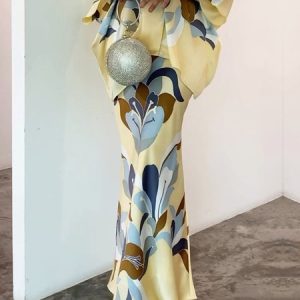 Elegant Floral Print Regular Fit Long Skirt, Skirts, color:Yellow|size:XXL, Stylewe