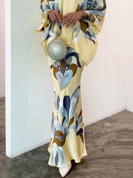 Elegant Floral Print Regular Fit Long Skirt, Skirts, color:Yellow|size:XXL, Stylewe