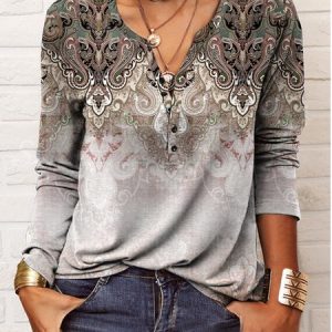 Women V-Neck Ethnic Boho Vintage Graphic Prints Long Sleeve Button T-Shirt, T-Shirts, color:Brown|size:XXL, JustFashionNow