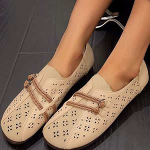 Vintage Plain Slip On Flat Heel Peas Shoes, Flats/Loafers, color:Khaki|size:40, Noracora