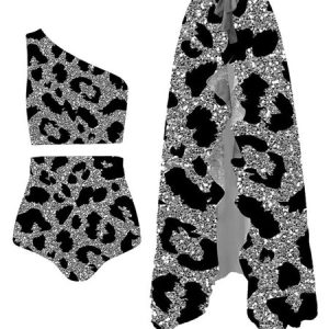 Vacation Animal Printing One Shoulder Bikini With Cover Up, swimwear>>Bikini Sets, color:Gray|size:XXL, JustFashionNow