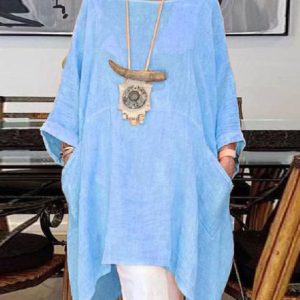 A-Line Casual Crew Neck Long Sleeve Dress, Blouses, color:Blue|size:3XL, Noracora