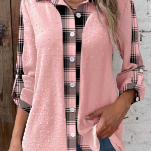 Casual Loose Plaid Shirt Collar Blouse, Shirts & Blouses, color:Pink|size:XXL, JustFashionNow