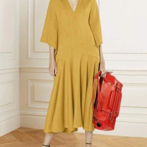 Plain Elegant Loose Three Quarter sleeve Dress, Midi Dresses, color:Yellow Brown|size:XXL, Stylewe