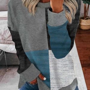 Casual Color Block Crew Neck Regular Fit Sweatshirt, Sweatshirts & Hoodies, color:Blue|size:3XL, JustFashionNow