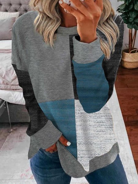 Casual Color Block Crew Neck Regular Fit Sweatshirt, Sweatshirts & Hoodies, color:Blue|size:3XL, JustFashionNow