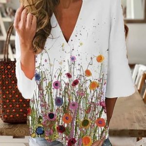 White Printed Cotton Half Sleeve Patchwork Tops, Blouses, color:White|size:3XL, Noracora