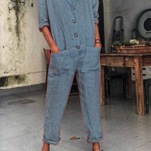 Buttoned Solid Casual Long Sleeve Jumpsuits, Jumpsuits＆Rompers, color:Gray|size:3XL, JustFashionNow