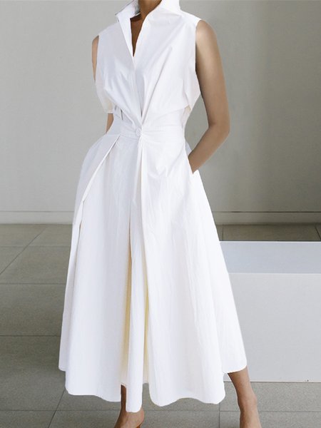 Daily White Shirt Collar Urban Cotton Dress, Midi Dresses, color:White|size:XS, Stylewe