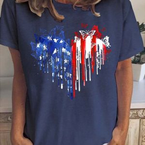 Heart American Flag Print Crew Neck T-shirt, color:Deep Blue|size:3XL, Lilicloth.com