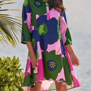 Urban Floral Shirt Collar Loose Dress, Dresses, color:flower|size:XXL, Stylewe