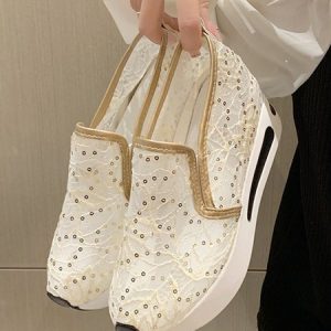 Sequins Flower Embroidery Lace Breathable Heat Dissipation Heightened Casual Sneakers, Sneakers, color:Golden|size:42, JustFashionNow