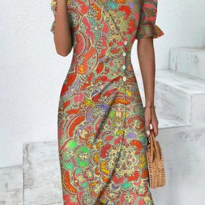 Ethnic V Neck Elegant Dress, Midi, color:Orange|size:XXL, catalog Noracora shop