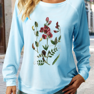 Women's  Floral Crew Neck Regular Fit Casual Sweatshirt, color:Light Blue|size:3XL, Lilicloth.com