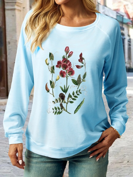 Women's Floral Crew Neck Regular Fit Casual Sweatshirt, color:Light Blue|size:3XL, Lilicloth.com