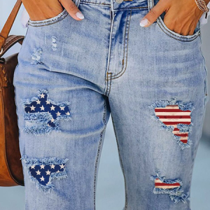 Women's America Flag Hole Patch Fifth Pants Denim Shorts, color:Blue|size:XXL, Lilicloth.com