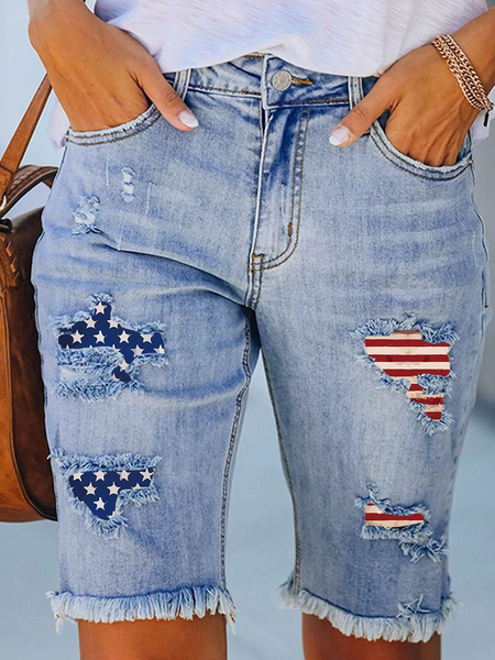 Women's America Flag Hole Patch Fifth Pants Denim Shorts, color:Blue|size:XXL, Lilicloth.com