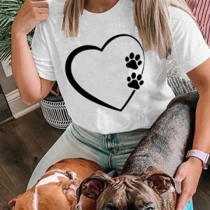 Lilicloth X Funnpaw Women‘s Dog Paw Heart Crew Neck Text Letters T-Shirt, color:White|size:3XL, Lilicloth.com
