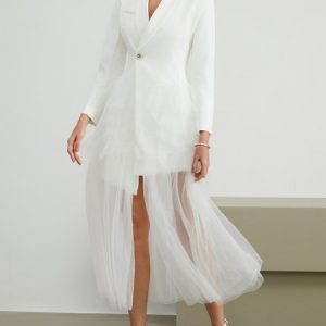 Elegant Lapel Collar Plain Mesh Wedding Dress, Maxi Dresses, color:White|size:XL, Stylewe
