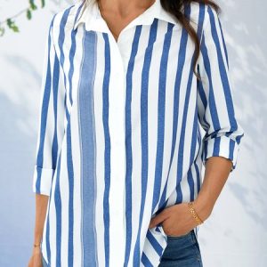 Shirt Collar Stripes Cotton-Blend Long Sleeve Blouse, Shirts & Blouses, color:White|size:XXL, JustFashionNow