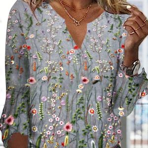 Casual Floral Notched Three Quarter Sleeve T-shirt, T-shirts, color:Gray|size:3XL, Noracora