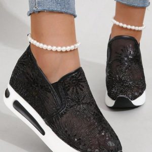 Women Sequin Flower Decor Breathable Slip On Wedge Sneakers, Sneakers, color:Black|size:42, JustFashionNow