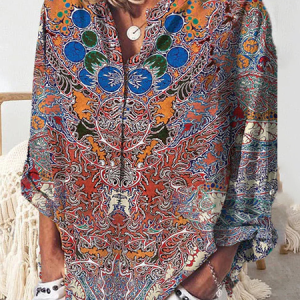 Ethnic Casual Stand Collar Loose Blouse, Shirts & Blouses, color:Red|size:XXL, JustFashionNow