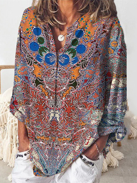 Ethnic Casual Stand Collar Loose Blouse, Shirts & Blouses, color:Red|size:XXL, JustFashionNow