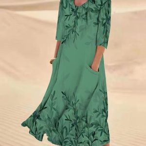 Crew Neck Loose Floral Casual Dress, Dresses, color:Green|size:XXL, JustFashionNow