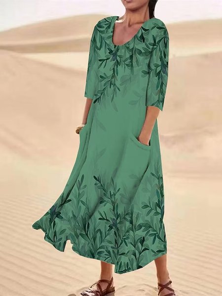 Crew Neck Loose Floral Casual Dress, Dresses, color:Green|size:XXL, JustFashionNow