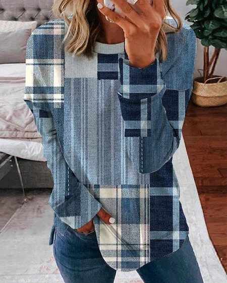 Colorblock Plaid Casual Sweatshirt, Sweatshirts & Hoodies, color:Multicolor|size:XXL, JustFashionNow