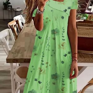 Asymmetrical Neck Casual Floral Printed Dress, Floral Dresses, color:Green|size:XXL, JustFashionNow
