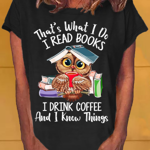 Women's Owl Coffe Book Funny Casual Letters T-Shirt, T-shirts, Lilicloth.com