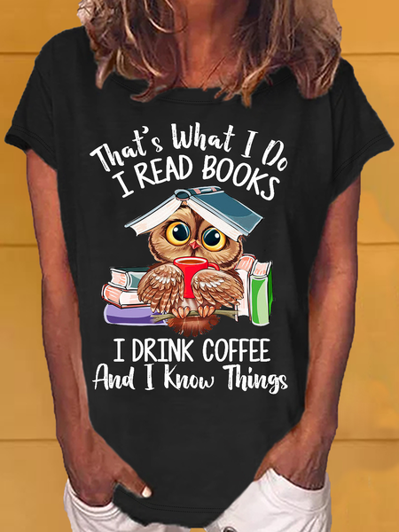Women's Owl Coffe Book Funny Casual Letters T-Shirt, T-shirts, Lilicloth.com