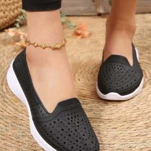 Women Hollow Out Waterproof Slip On Shoes, Flats, color:Black|size:41, JustFashionNow