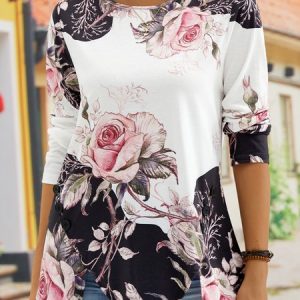 Casual Loose Buttoned Crew Neck Tunic, Shirts & Blouses, color:Multicolor|size:XXL, JustFashionNow
