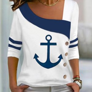 Casual Navy Anchor Long Sleeve Knit T-Shirt, T-Shirts, color:Blue|size:XXL, JustFashionNow