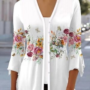 Floral Casual V Neck Knitted Kimono, Cardigans, color:White|size:XXL, JustFashionNow