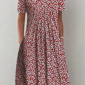 Casual Crew Neck Floral Loose Dress, JustFashionNow Floral Dresses, color:Red|size:XXL,