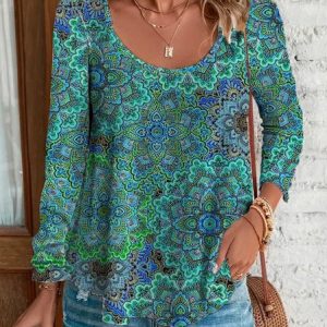 Casual Cotton Crew Neck Ethnic T-Shirt, T-Shirts, color:Cyan|size:XXL, JustFashionNow