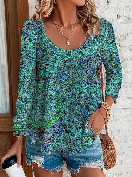 Casual Cotton Crew Neck Ethnic T-Shirt, T-Shirts, color:Cyan|size:XXL, JustFashionNow