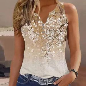 Floral Casual Notched Buckle Loose Tank Top, Tanks & Camis, color:Khaki|size:XXL, JustFashionNow