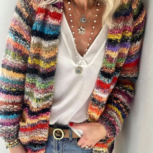 Plus size Striped Casual Cardigan, TOPS, color:Multicolor|size:4X, Noracora