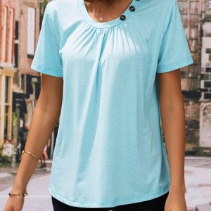 Plain Regular Fit Simple Asymmetrical T-Shirt, T-Shirts, color:Light Blue|size:XXL, JustFashionNow