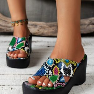 Colorful Snakes Cross Strap Wedge Sandals, Sandals, color:Snakeskin|size:42, JustFashionNow