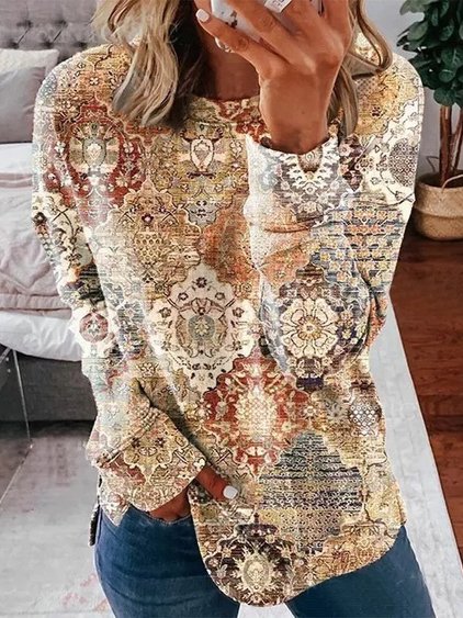Crew Neck Loose Casual Ethnic Sweatshirt, Sweatshirts & Hoodies, color:Multicolor|size:XXL, JustFashionNow