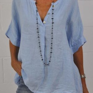 JFN V Neck Casual Cotton Plain Blouse Tunic, Shirts & Blouses, color:Blue|size:XXL, JustFashionNow