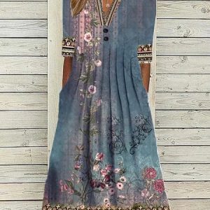 Floral  V Neck Casual Jersey Dress, Dresses, color:Blue|size:XXL, JustFashionNow