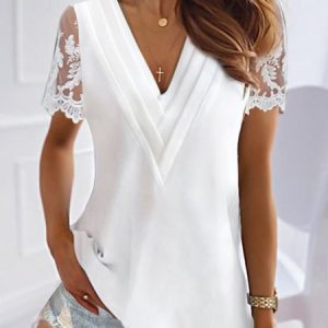 Summer Plain Lace Stitching V-Neck Top, Shirts & Blouses, color:White|size:XXL, JustFashionNow