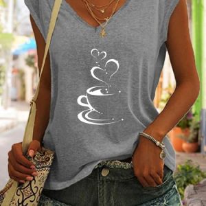 Coffee Heart Print V-Neck Top, color:Gray|size:3XL, Lilicloth.com